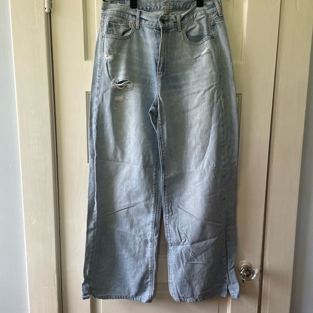 American Eagle Outfitters Blue Distressed Wide Leg Jeans